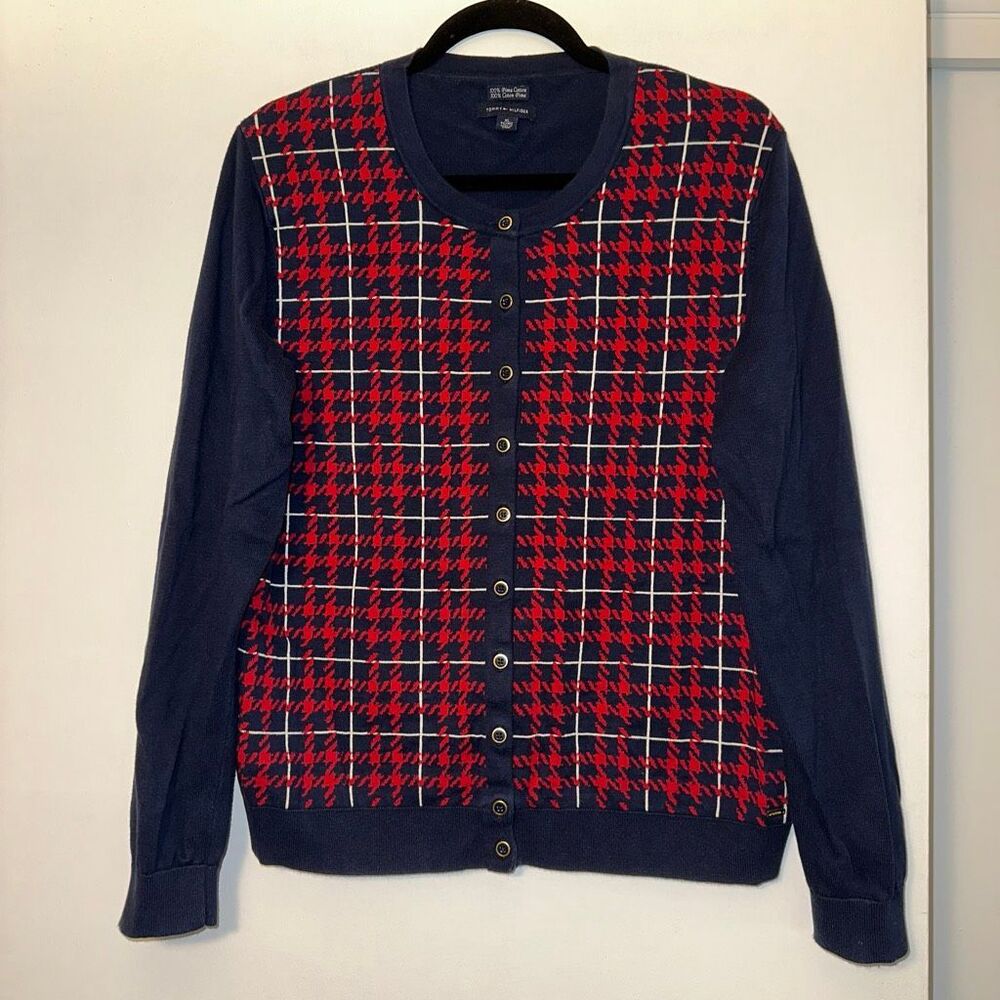 Tommy Hilfiger Women’s XL Navy Blue Red Plaid Long Sleeve Cardigan Sweater EUC